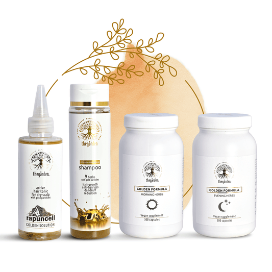 Zvýhodnený GOLDEN Herbs Trio balíček -vlasové tonikum, šampón a bylinná zmes pre suchú pokožku