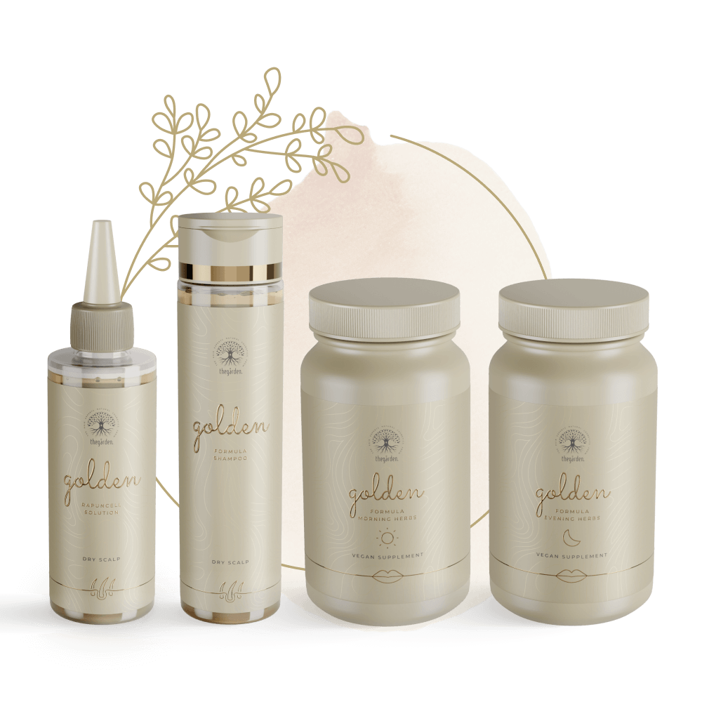 Zvýhodnený GOLDEN Herbs Trio balíček -vlasové tonikum, šampón a bylinná zmes pre mastnú pokožku - The Garden - expertnavlasy.sk