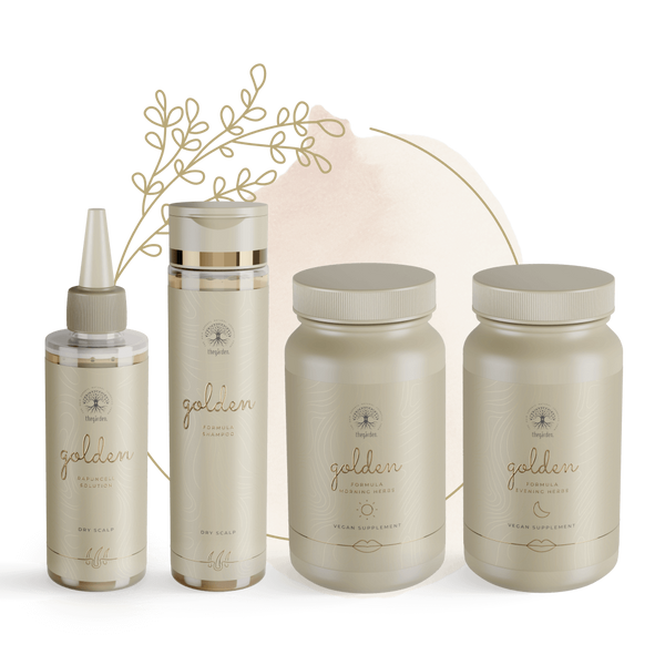Zvýhodnený GOLDEN Herbs Trio balíček -vlasové tonikum, šampón a bylinná zmes pre mastnú pokožku - The Garden - expertnavlasy.sk
