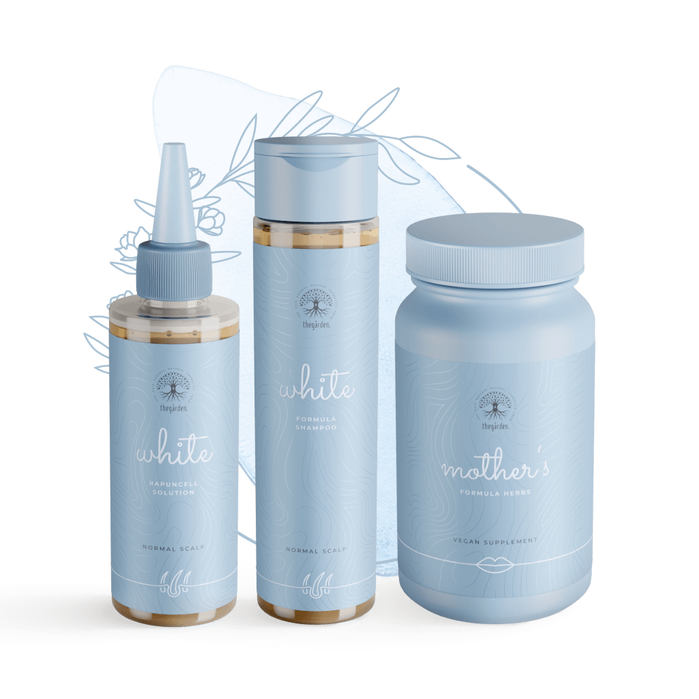 Zvýhodnený WHITE Herbs Trio balíček -vlasové tonikum, šampón a bylinná zmes pre normálnu pokožku - The Garden - expertnavlasy.sk