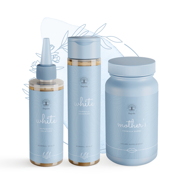 Zvýhodnený WHITE Herbs Trio balíček -vlasové tonikum, šampón a bylinná zmes pre normálnu pokožku - The Garden - expertnavlasy.sk